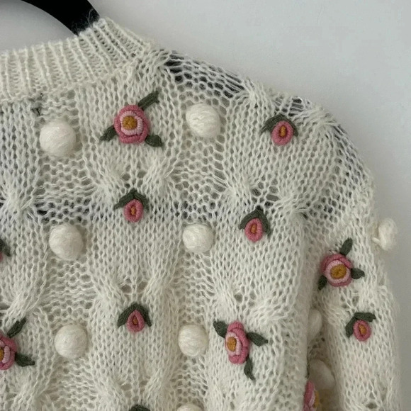 Vintage Gladys Bagley Floral Pom Pom Cottagecore 3D Knit Grandma Sweater - Picture 10 of 10